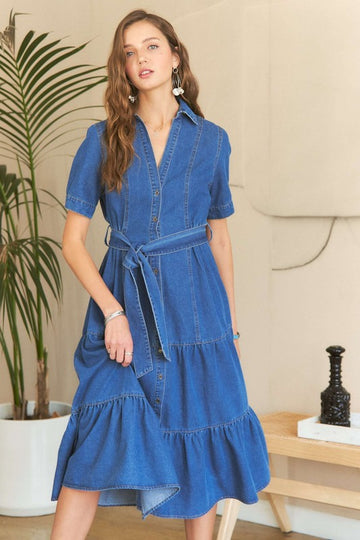 Robe en jean boutonnée à volants et manches courtes ADORA