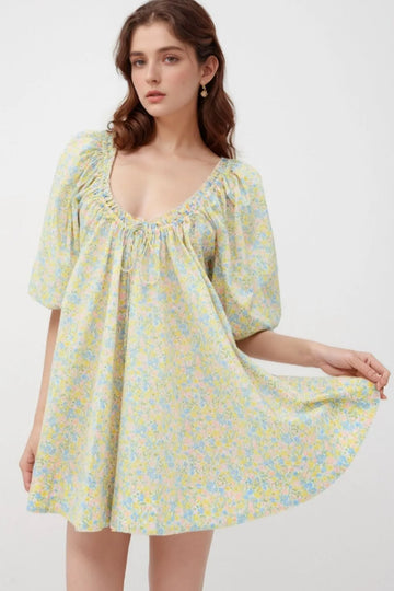 Floral Half Sleeve Frilled U Neck A-line Short Dress