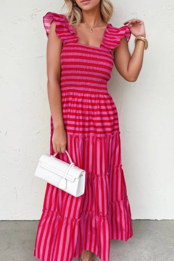 Stripe Flutter Sleeve Smocked Bodice Tiered Maxi Dress