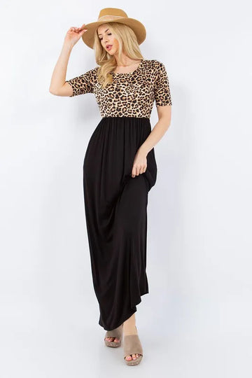Celeste Full Size Leopard Round Neck Maxi Dress with Pockets Plus Size