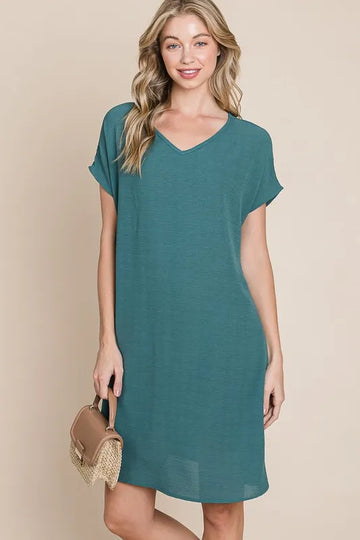 BOMBOM V-Neck Short Sleeve Dress with Pockets