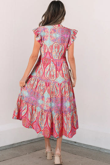 Tribal Paisley Print Ruffled Sleeve Notch Neck Midi Dress