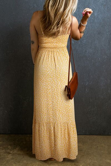 Robe longue caraco imprimée à smocks et col carré