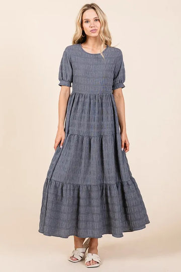 BOMBOM Textured Short Sleeve Tiered Dress