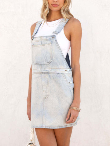 Square Neck Adjustable Strap Denim Overall Dress