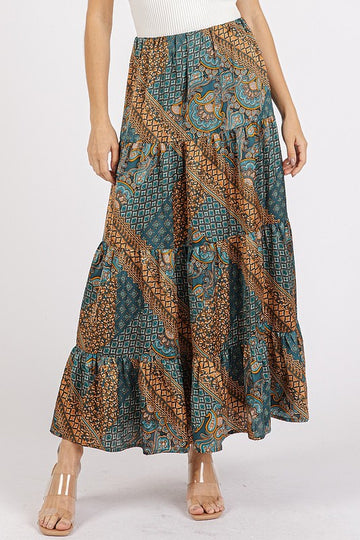Jupe longue en satin à imprimé patchwork cachemire Mittoshop