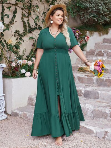 Robe longue boutonnée à manches courtes et col en V, grande taille