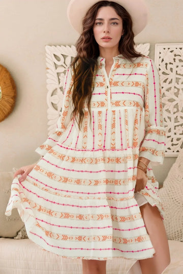 Printed Ruffled Notched Loose Dress