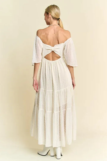 Davi & Dani Swiss Dotted Ruched Ruffle Open Back Midi Dress