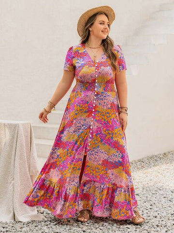 Robe longue boutonnée à manches courtes et imprimé grande taille