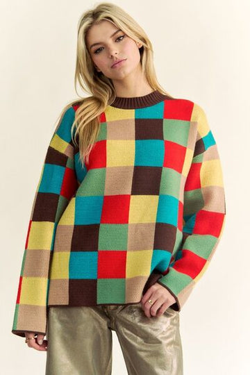 Pull à carreaux et épaules tombantes à blocs de couleurs Davi & Dani