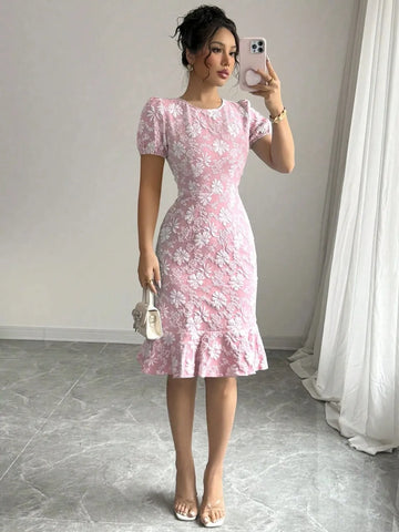 Ruffled Hem Flower Round Neck Short Sleeve Dress