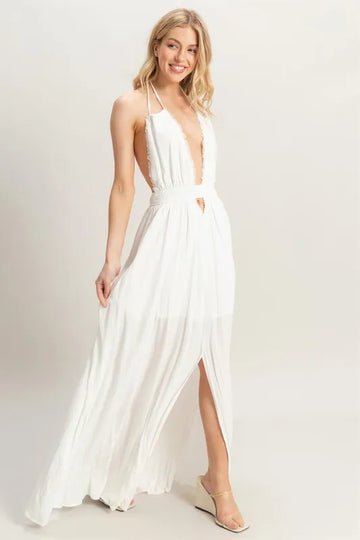 HYFVE Halter Neck Fitted Waist Flowy Maxi Dress