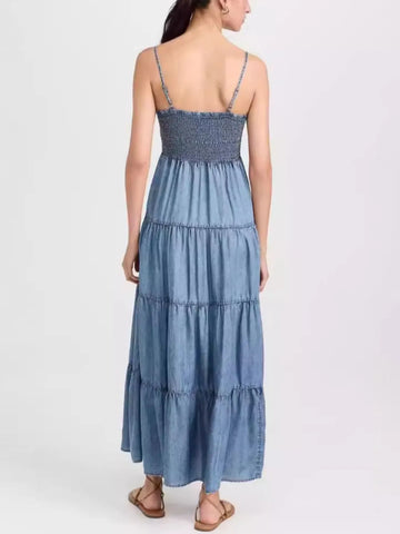 Smocked Square Neck Tiered Denim Cami Dress with Adjustable Shoulder Straps