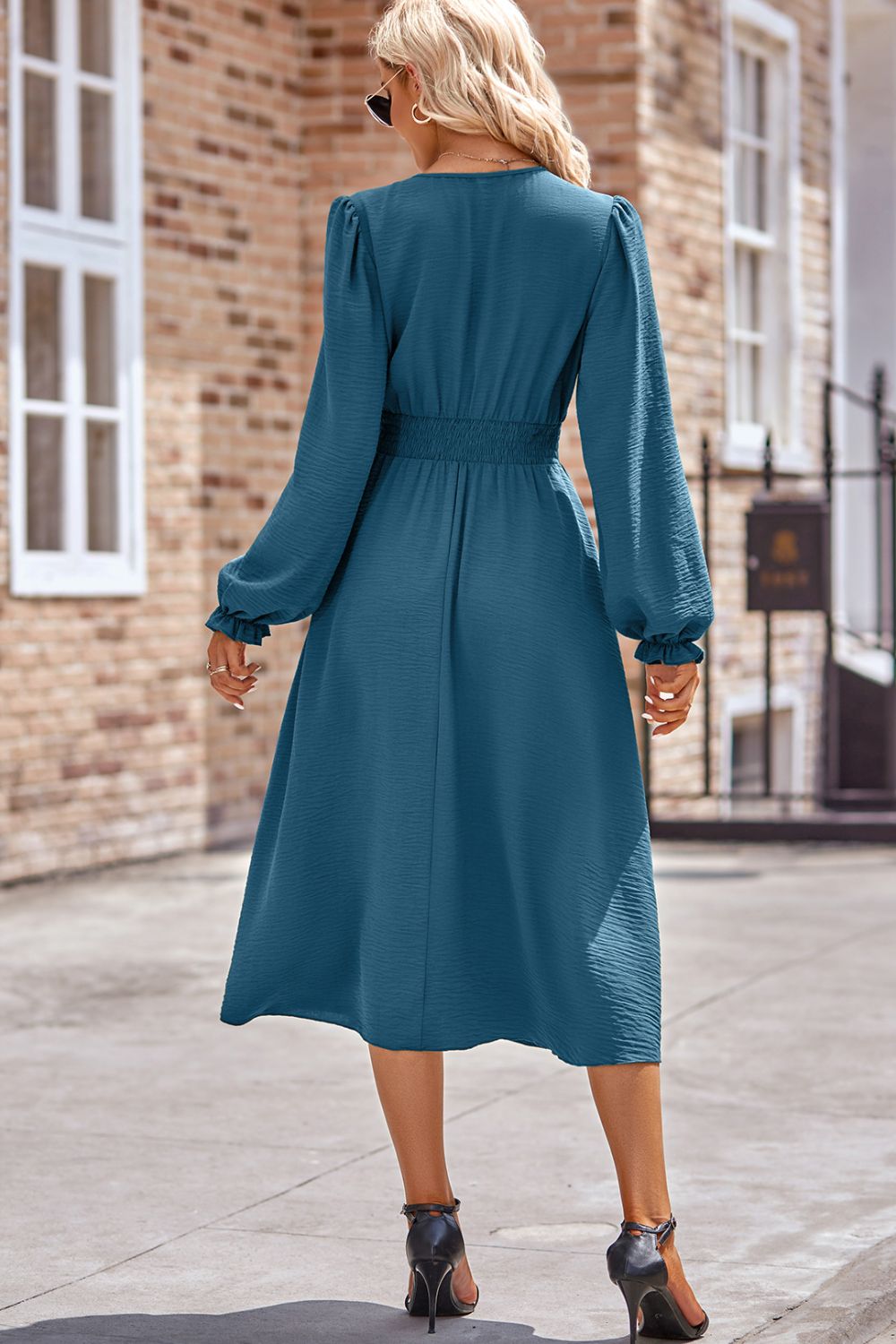 Smocked V-Neck Flounce Sleeve Midi Dress