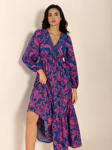 Robe midi imprimée à col en V et manches longues