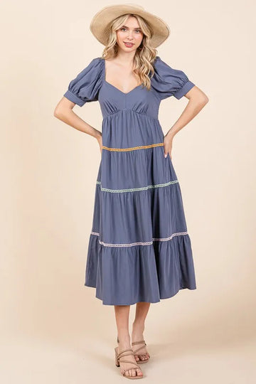 Lime 'N' Chili Trim Detail Puff Sleeve Tiered Maxi Dress
