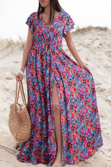 Robe longue fendue à manches courtes et imprimé