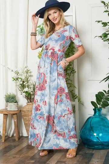 Celeste Full Size Paisley Print Short Sleeve Maxi Dress with Pockets Plus Size