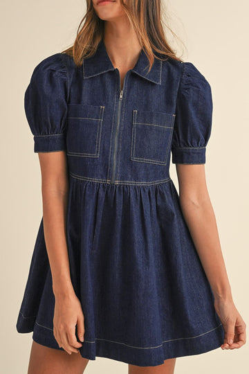 Robe en jean à col et demi-fermeture éclair
