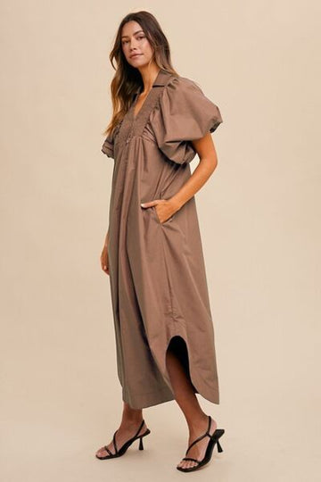Robe mi-longue à manches bouffantes et smockées Annie Wear