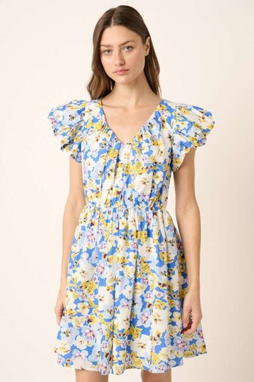 Robe courte à manches courtes et col en V à fleurs Mittoshop