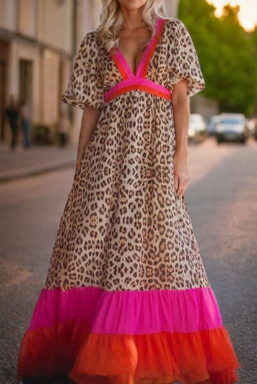 Robe longue léopard à col en V et manches mi-longues