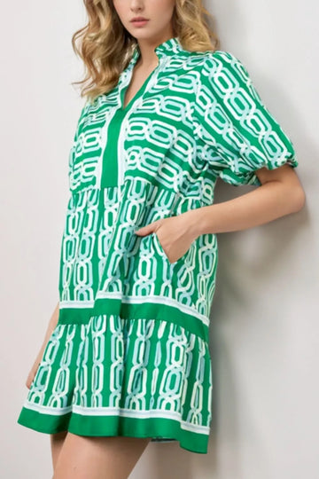 Abstract Patterned V Neck Puff Short Sleeve Mini Dress
