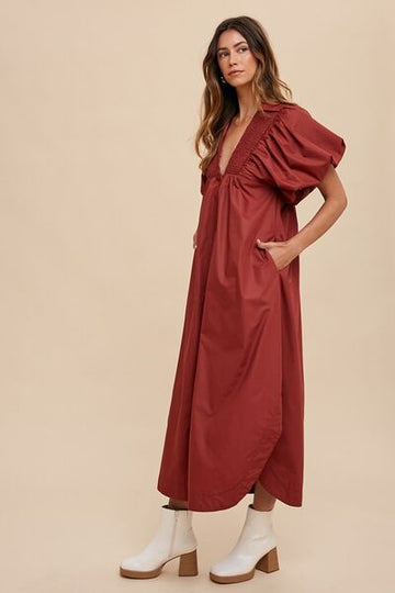 Robe mi-longue à manches bouffantes et smockées Annie Wear
