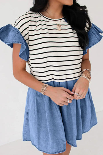 Stripe Ruffle Denim Patchwork Round Neck Mini Dress