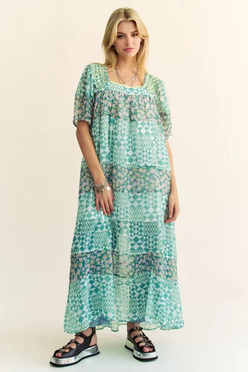 Davi & Dani Multi Floral Square Neck Puff Sleeve Maxi Dress