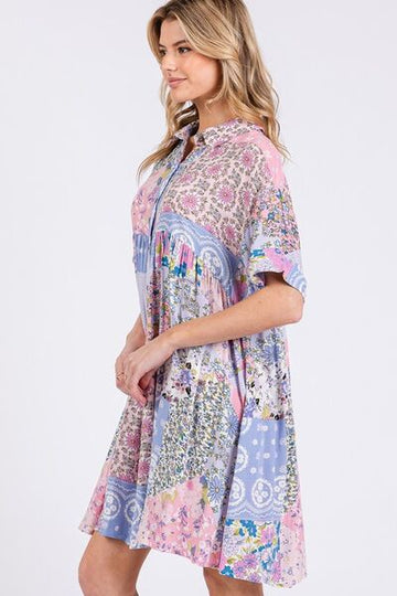 Robe chemise courte à col fleuri et manches mi-longues SAGE + FIG