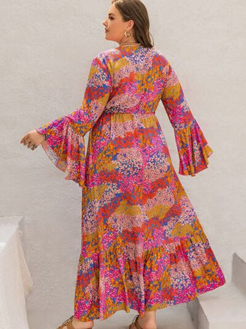 Robe longue imprimée grande taille à col en V et manches longues