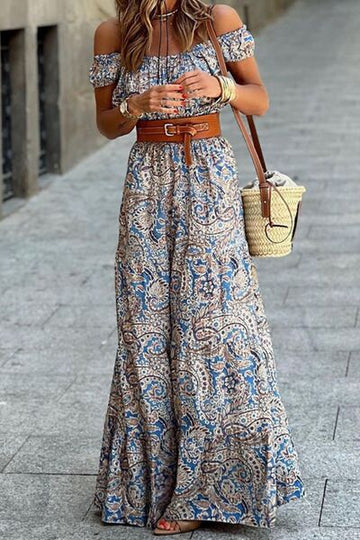 Robe longue imprimée à épaules dénudées et manches courtes