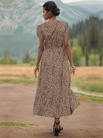 Perfee Slit Printed V-Neck Short Sleeve Dress