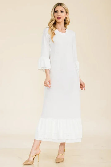 Celeste Full Size Modest Midi Dress with 3/4 Ruffle Bell Sleeves Plus Size