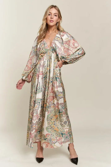 ADORA Printed V-Neck Batwing Sleeve Dress