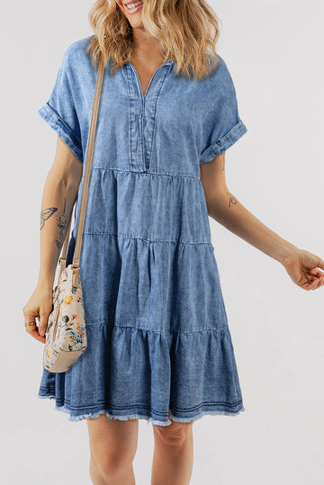 Robe en jean à ourlet brut et col à manches courtes