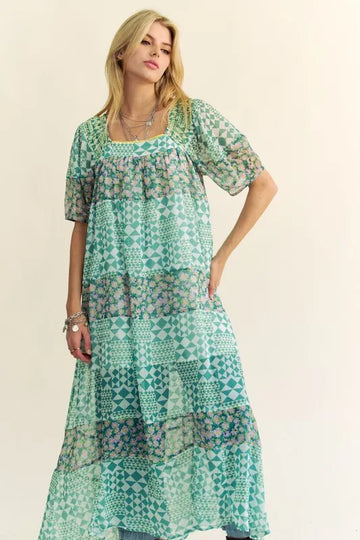 Davi & Dani Multi Floral Square Neck Puff Sleeve Maxi Dress