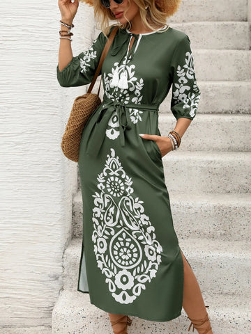 Side Slit Printed Tie Neck Dress