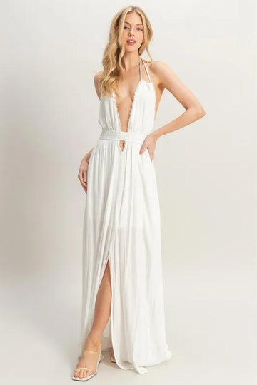 HYFVE Halter Neck Fitted Waist Flowy Maxi Dress