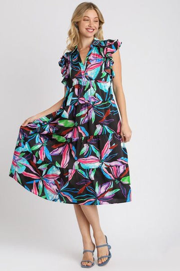 Robe mi-longue à volants et imprimé feuilles Umgee, grande taille