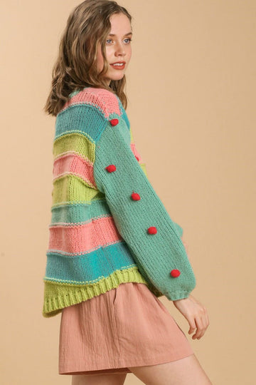 Umgee Full Size Color Block Cable Knit Sweater with Pom Pom Plus Size