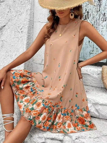 Ruffled Hem Floral Sleeveless Mini Tank Dress