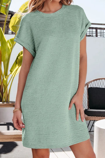 Solid Color Textured Crinkle Short Sleeve T Shirt Dress