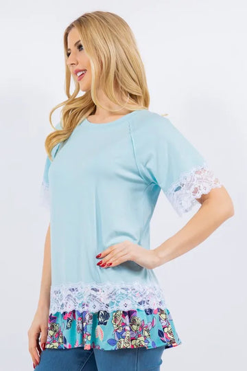 Celeste Full Size Lace Trim Short Sleeve Top Plus Size