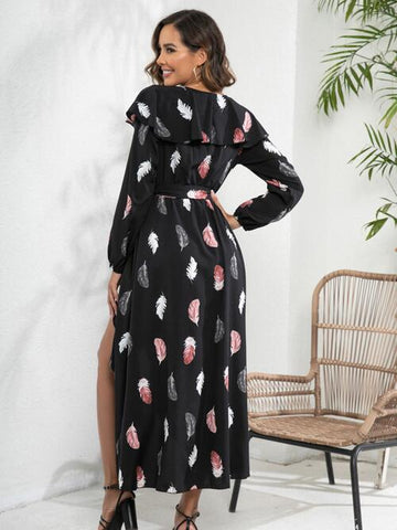 Robe imprimée à manches longues et volants sur le devant