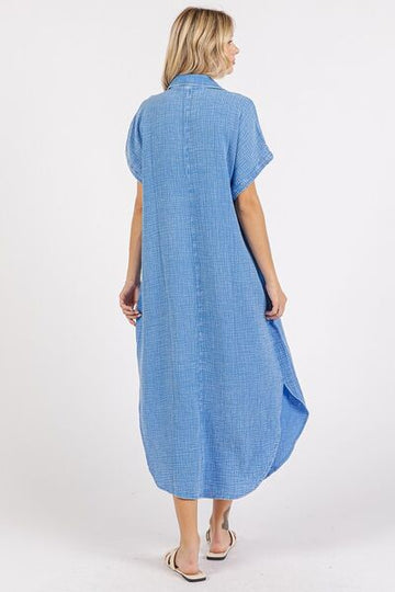 Robe chemise mi-longue boutonnée à col en V et délavée minérale Mittoshop