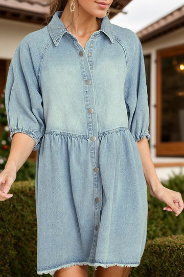 Robe en jean à manches mi-longues et ourlet brut avec boutons-pression