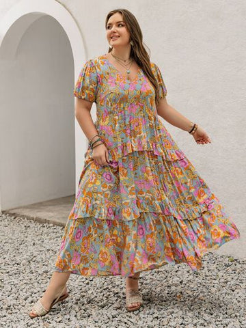 Robe longue imprimée grande taille à col en V et manches courtes